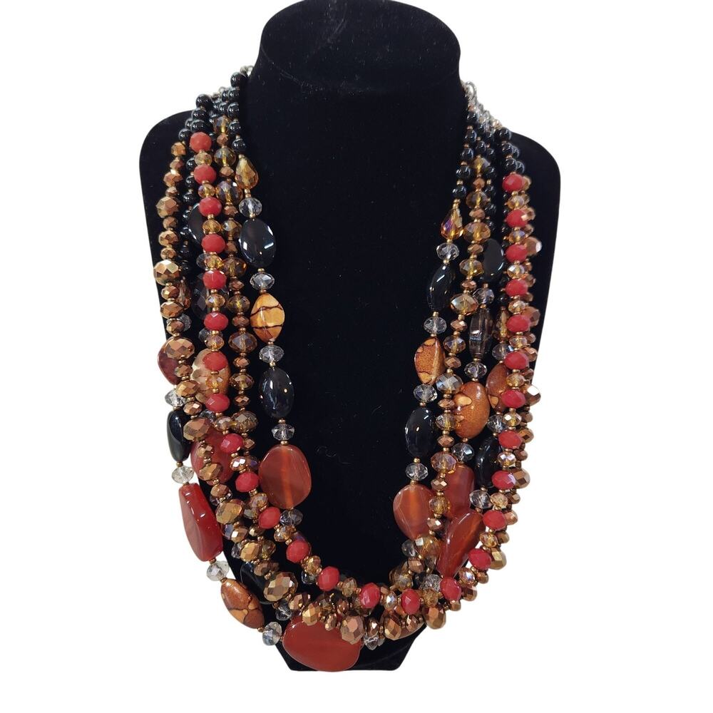 Chunky Multi Strand Layered Beaded Necklace Toggle Clasp Red Black Brown Boho